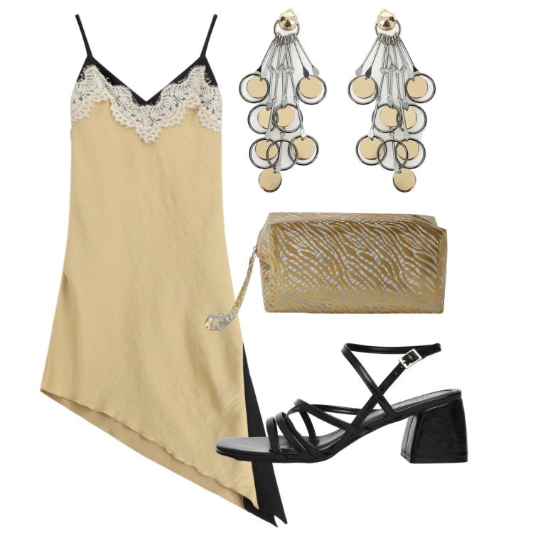 Outfit donna - Slip dress. Stile Chic per Serata fuori. Abbinamento con valigie, sandali col tacco, vestiti asimmetrici, orecchini.