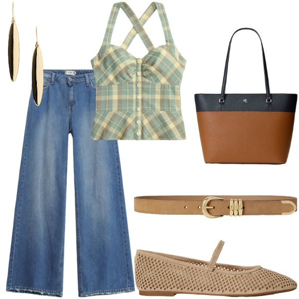 Outfit donna - Estate. Stile Casual per Tutti i giorni. Abbinamento con jeans, top, borse tote, ballerine, orecchini, cinture.