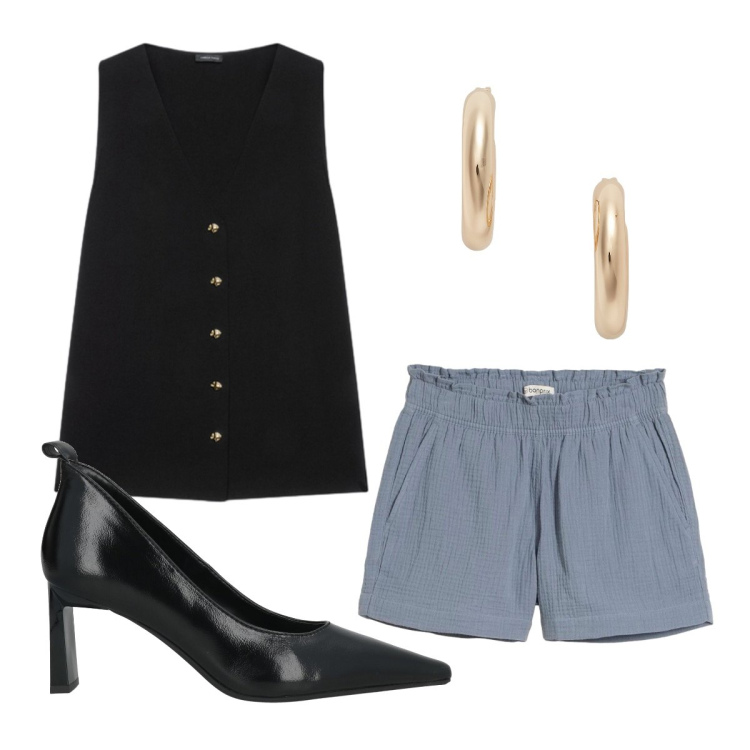 Outfit donna - Oggi mi vesto così. Stile Casual chic per Tutti i giorni. Abbinamento con décolleté, shorts, maglieria, orecchini.
