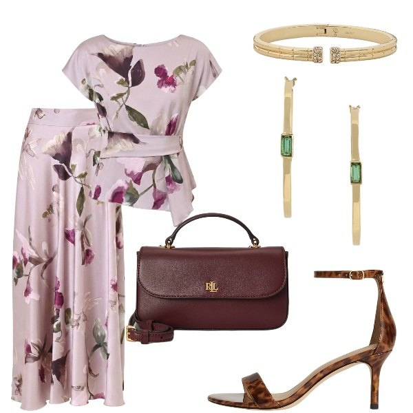Outfit donna - Compleanno in villa. Stile Casual chic per Serata fuori. Abbinamento con t-shirt, gonne lunghe, sandali in pelle, braccialetti, orecchini, borse a mano.