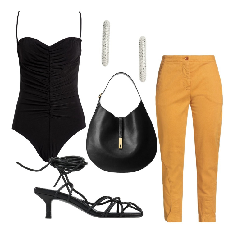 Outfit donna - Ufficio agosto. Stile Sexy per Ufficio. Abbinamento con jeans slim fit, sandali col tacco, body, borse a spalla, orecchini.
