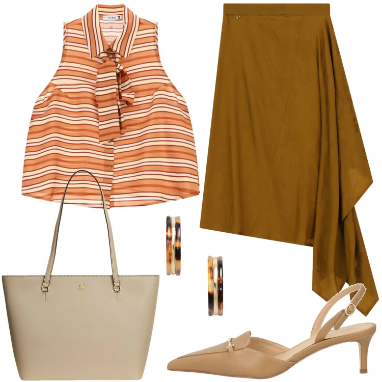 Outfit donna - La camicia a righe. Stile Casual chic per Tutti i giorni. Abbinamento con décolleté, top, gonne, borse tote, orecchini.