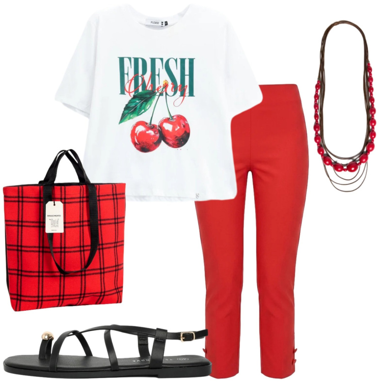 Outfit donna - Casual. Stile Casual per Tutti i giorni. Abbinamento con sandali, t-shirt, collane, borse tote, pantaloni.