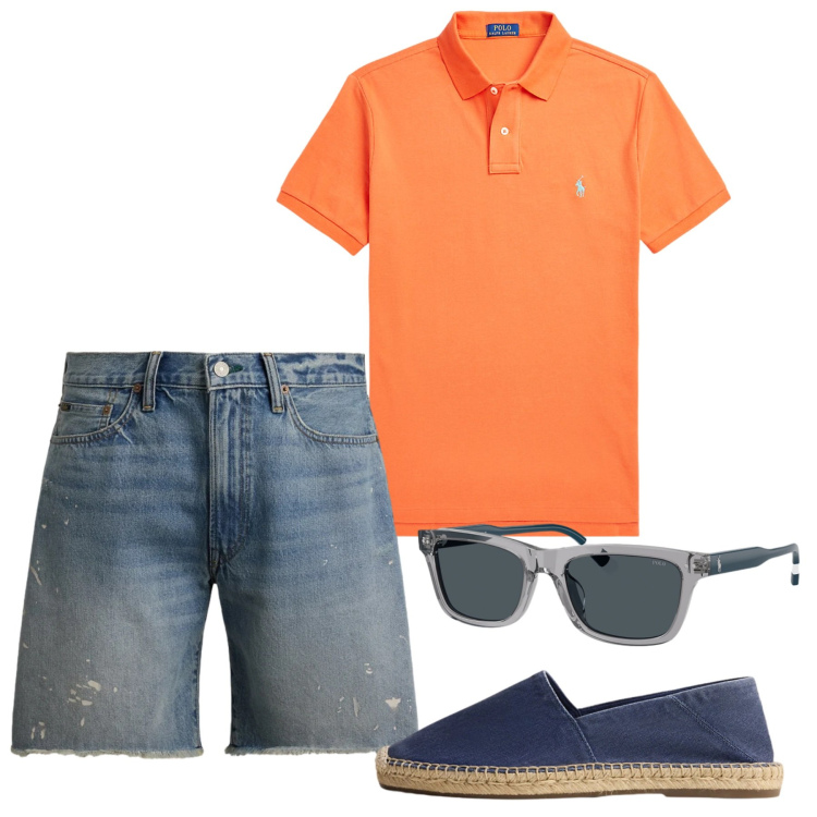 Outfit uomo - Agosto. Stile Casual per Tutti i giorni. Abbinamento con polo, occhiali da sole, espadrillas, shorts.