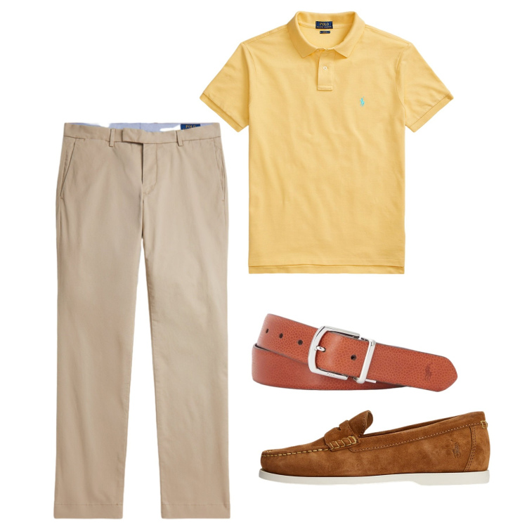 Outfit uomo - Agosto. Stile Casual per Tutti i giorni. Abbinamento con cinture, polo, scarpe stringate, pantaloni chino.