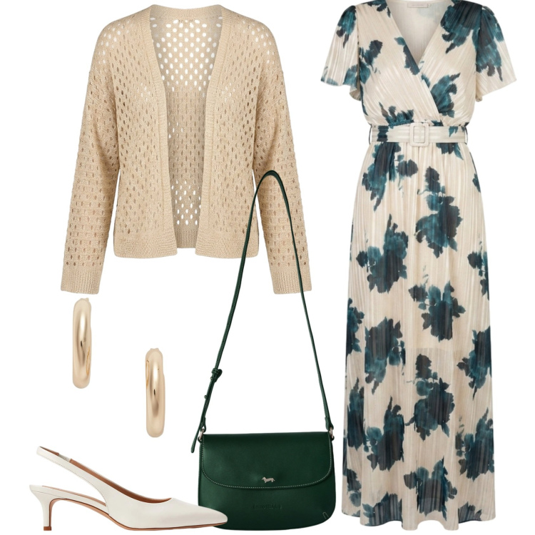 Outfit donna - Metti una sera. Stile Casual chic per Serata fuori. Abbinamento con borse a tracolla, cardigans, vestiti lunghi, décolleté, orecchini.