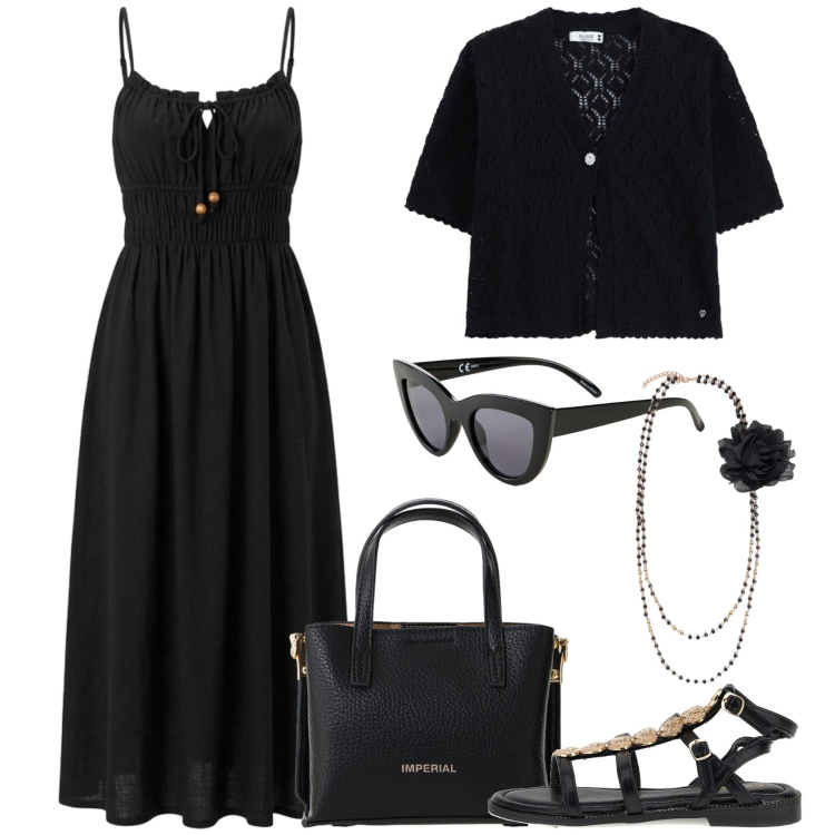 Outfit donna - Extra dark. Stile Casual chic per Serata fuori. Abbinamento con occhiali da sole, vestiti lunghi, cardigans, borse a tracolla, collane, sandali.