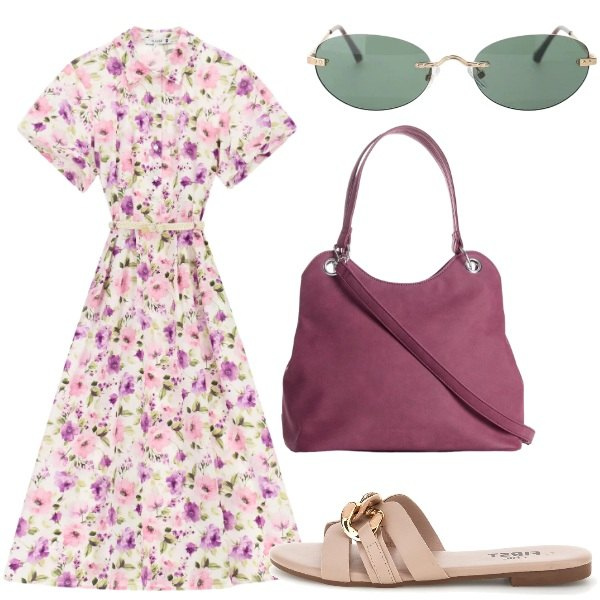 Outfit donna - Romantica. Stile Romantica per Tutti i giorni. Abbinamento con borse a mano, vestiti midi/longuette, occhiali da sole, ciabatte.
