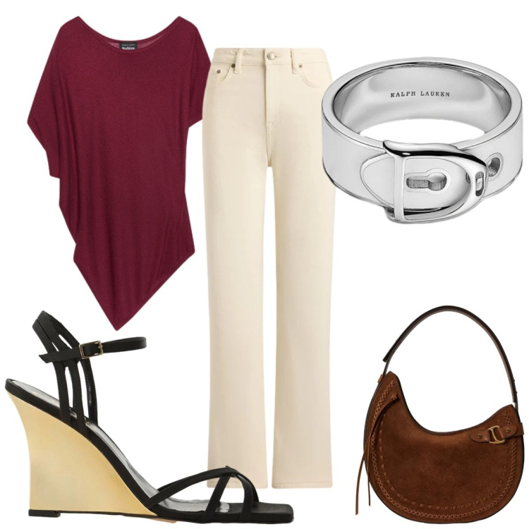 Outfit donna - Total look #2447986. Stile Trendy per Tutti i giorni. Abbinamento con sandali col tacco, top, anelli, borse a spalla, jeans dritti.