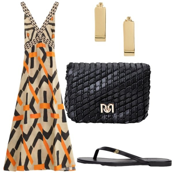 Outfit donna - Serata estiva. Stile Chic per Serata fuori. Abbinamento con vestiti lunghi, borse a tracolla, ciabatte, orecchini.