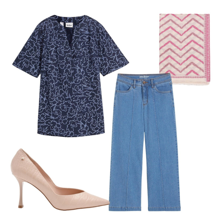 Outfit donna - Agosto. Stile Casual chic per Ufficio. Abbinamento con jeans, tuniche, décolleté, foulard.
