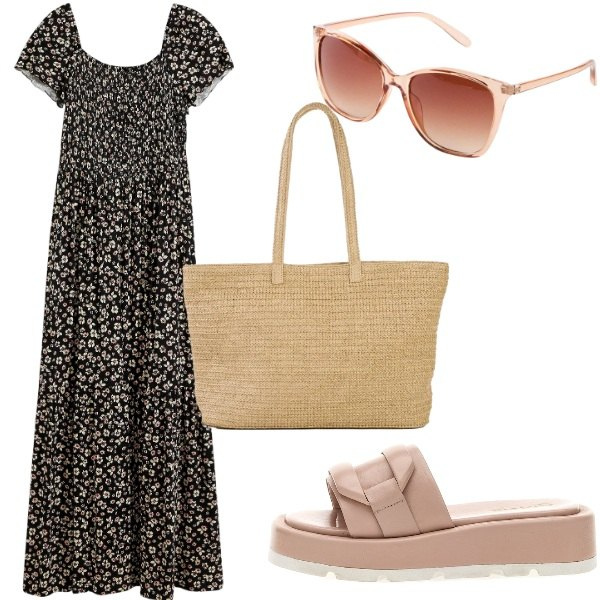 Outfit donna - Senza pensieri. Stile Romantica per Tutti i giorni. Abbinamento con vestiti lunghi, shopping bag, occhiali da sole, ciabatte.