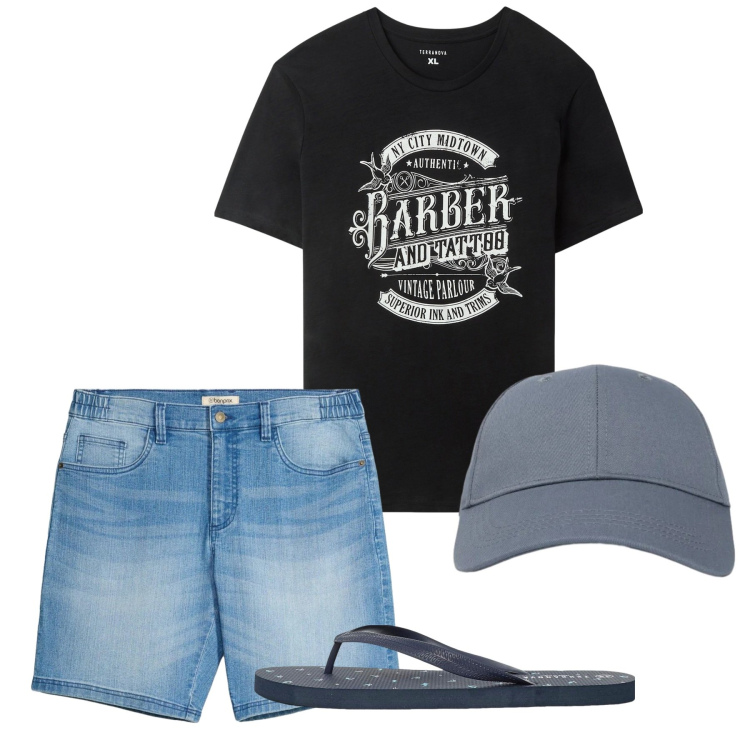 Outfit uomo - Black Summer. Stile Biker Rock per Tutti i giorni. Abbinamento con shorts, sandali, cappelli con visiera, t-shirt.