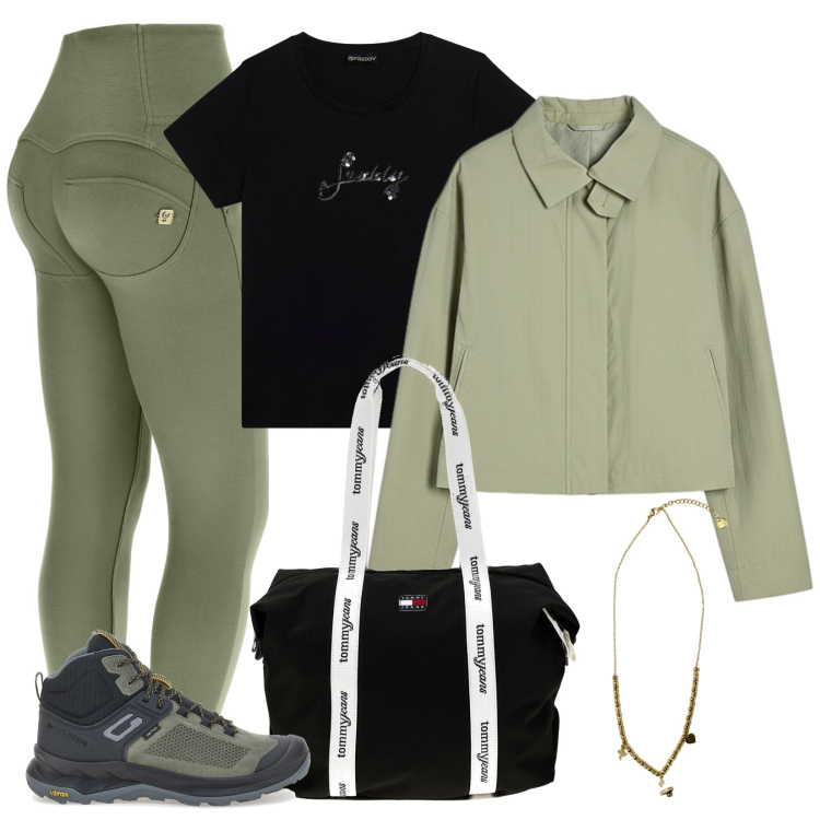 Outfit donna - Pomeriggio tra i boschi. Stile Sporty chic per Tutti i giorni. Abbinamento con pantaloni skinny, ciondoli, t-shirt, bomber, scarpe sportive, shopping bag.