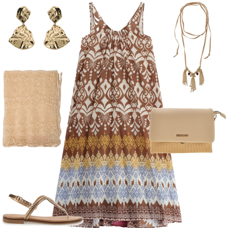 Outfit donna - Boho chic serata estiva. Stile Boho per Serata fuori. Abbinamento con orecchini, collane, vestiti lunghi, stole, sandali, borse a spalla.