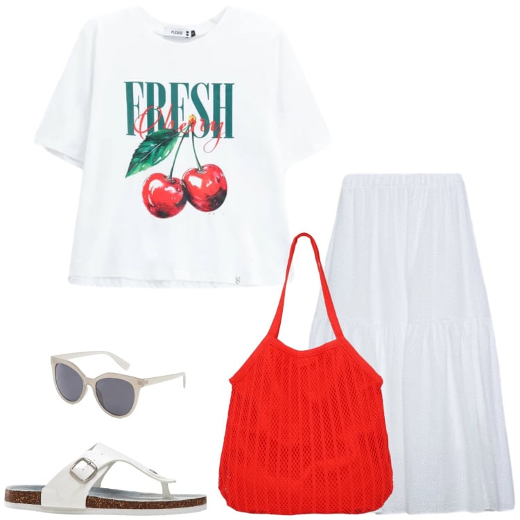 Outfit donna - Cherries. Stile Casual per Tutti i giorni. Abbinamento con infradito, occhiali da sole, gonne lunghe, shopping bag, t-shirt.