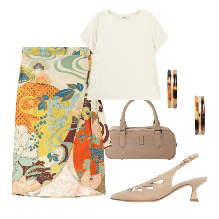 Outfit donna - Gonna a portafoglio. Stile Chic per Tutti i giorni. Abbinamento con décolleté, gonne longuette, t-shirt, borse a mano, orecchini.