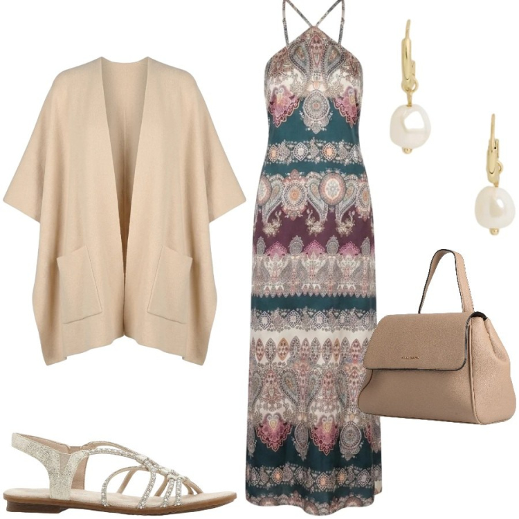 Outfit donna - Fresca serata estiva. Stile Chic per Ufficio. Abbinamento con zaini, sandali, cappe, vestiti lunghi, orecchini.