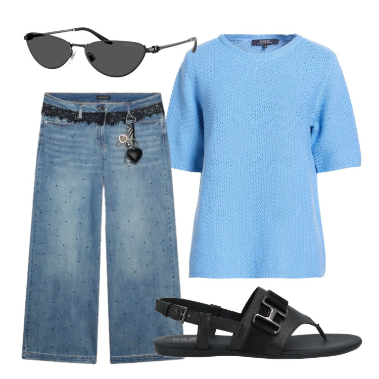 Outfit donna - Agosto. Stile Urban per Tutti i giorni. Abbinamento con pullovers, infradito, jeans, occhiali da sole.