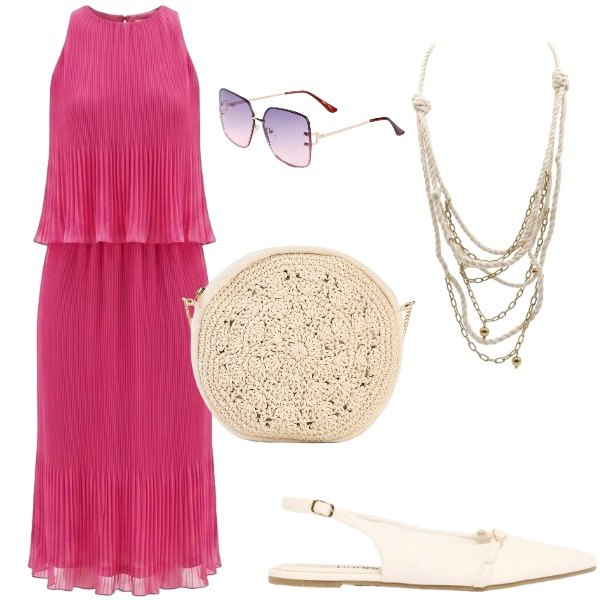 Outfit donna - Estate. Stile Casual chic per Tutti i giorni. Abbinamento con borse a tracolla, occhiali da sole, ballerine, collane, vestiti midi/longuette.