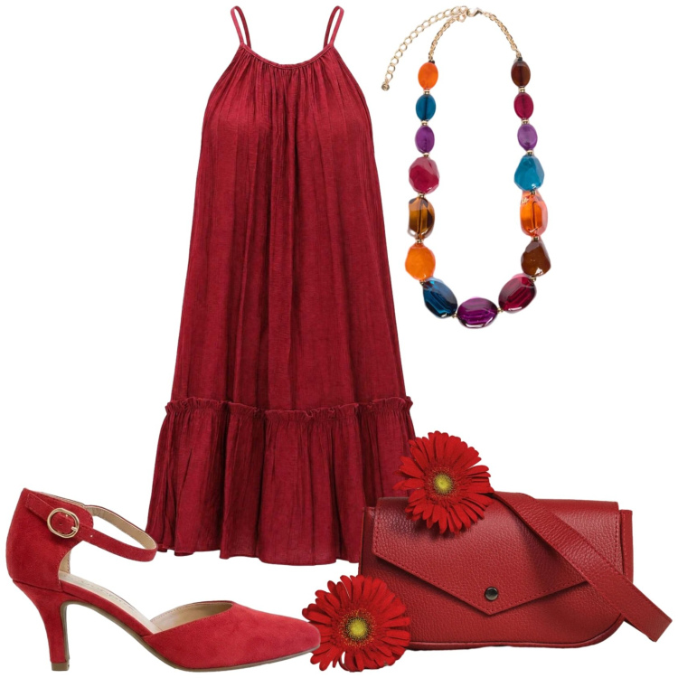 Outfit donna - Serata rossa. Stile Glamour per Serata fuori. Abbinamento con décolleté, vestiti corti, borse a tracolla, collane.