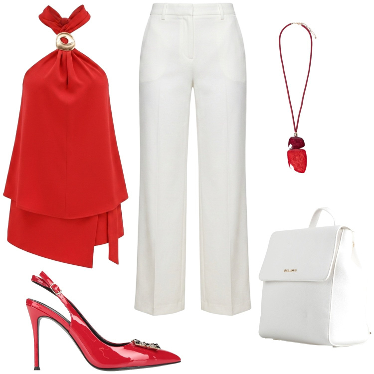 Outfit donna - Rosso protagonista. Stile Chic per Serata fuori. Abbinamento con zaini, décolleté, pantaloni a palazzo, top, ciondoli.