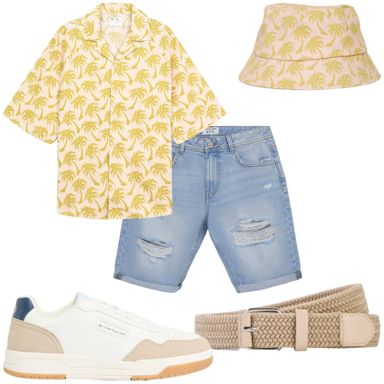 Outfit uomo - Che bella giornata. Stile Urban per Tutti i giorni. Abbinamento con cinture, sneakers, bermuda, cappelli con visiera, camicie a manica corta.