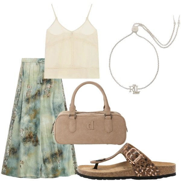 Outfit donna - Estate. Stile Casual per Tutti i giorni. Abbinamento con infradito, pantaloni a palazzo, borse a mano, top, braccialetti.