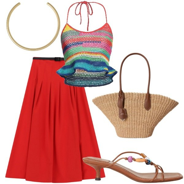 Outfit donna - Serata tra amici. Stile Casual chic per Serata fuori. Abbinamento con top, gonne lunghe, collane, borse tote, sandali gioiello.