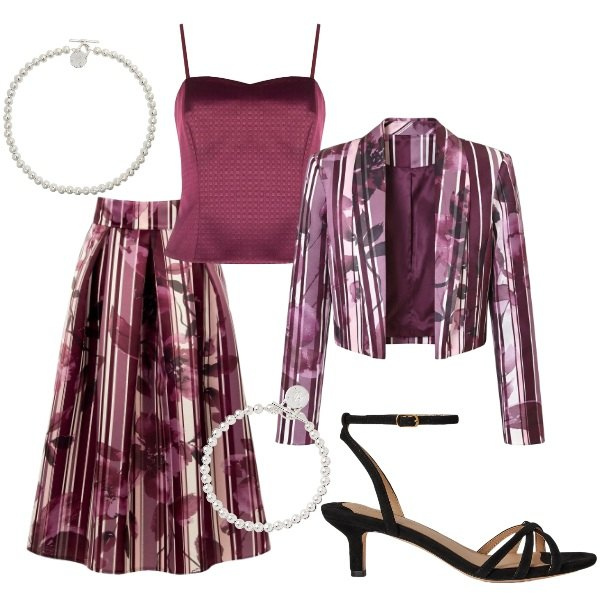 Outfit donna - Matrimonio in vista. Stile Glamour per Cerimonia. Abbinamento con gonne longuette, top, blazer, collane, braccialetti, sandali col tacco.