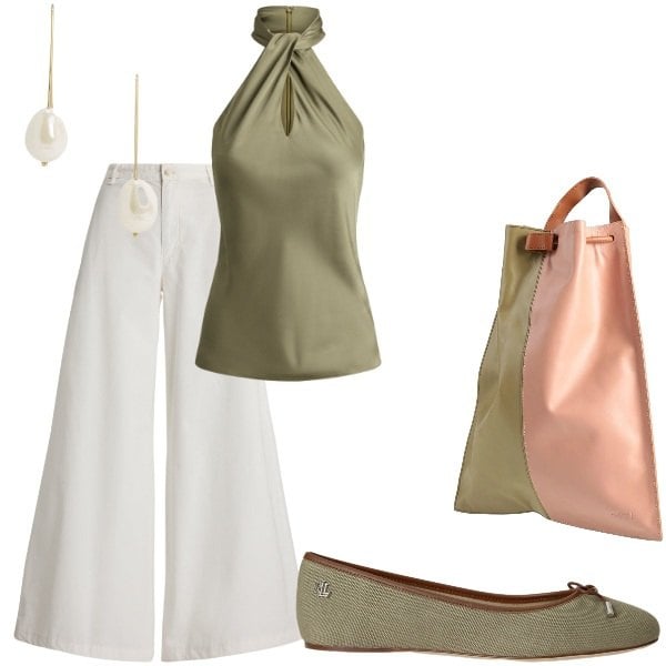 Outfit donna - A cena fuori. Stile Casual chic per Serata fuori. Abbinamento con zaini, pantaloni, ballerine, bluse, orecchini.