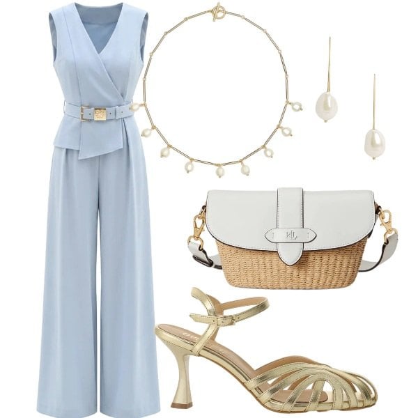 Outfit donna - Matrimonio in vista. Stile Glamour per Cerimonia. Abbinamento con sandali col tacco, tute, borse a spalla, collane, orecchini.