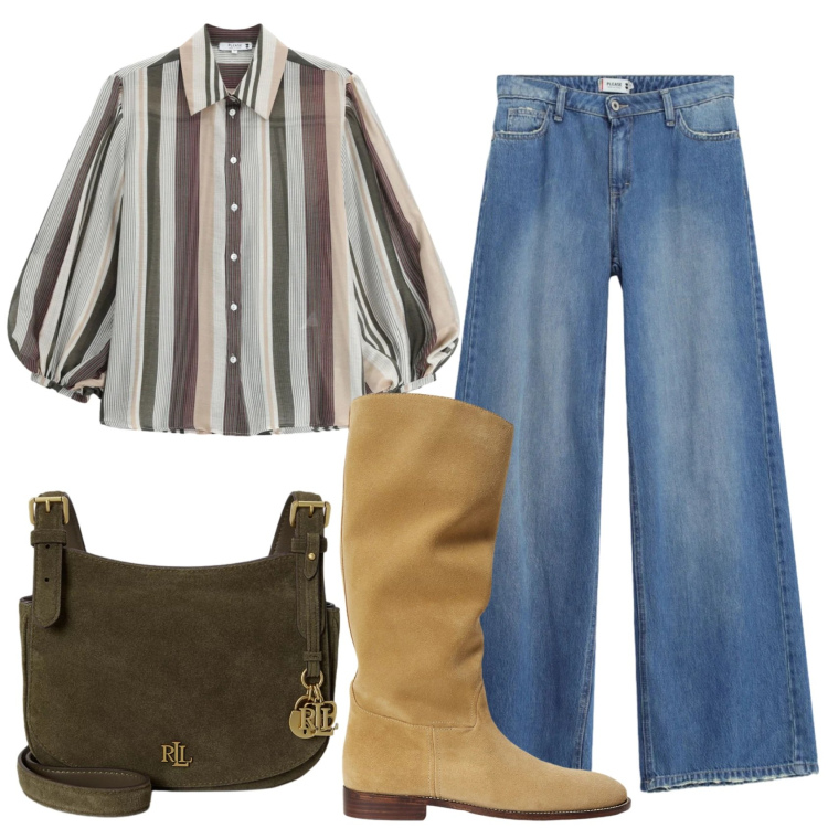 Outfit donna - Total look #2448049. Stile Casual per Scuola/Università. Abbinamento con camicie, jeans, stivali, borse a tracolla.