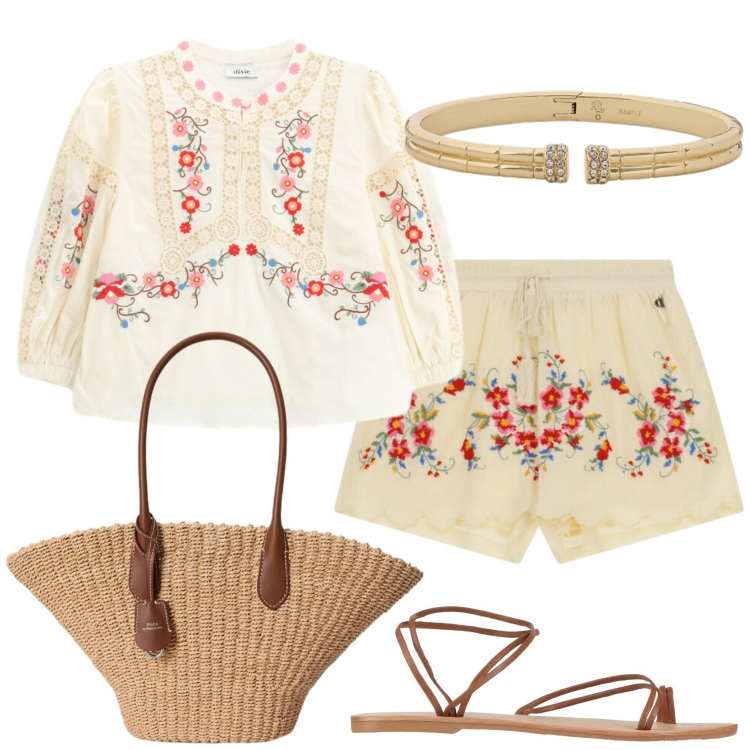 Outfit donna - Total look #2448052. Stile Vintage retrò per Tutti i giorni. Abbinamento con ciabatte, shorts, camicie a manica corta, braccialetti, borse tote.