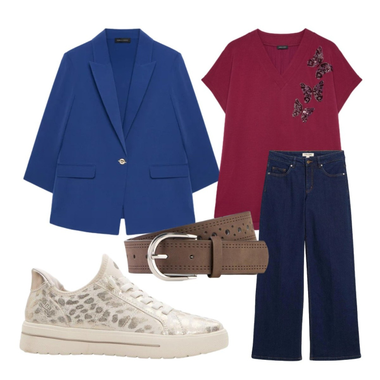Outfit donna - Ufficio agosto. Stile Casual per Ufficio. Abbinamento con jeans dritti, sneakers, cinture, t-shirt, blazer.