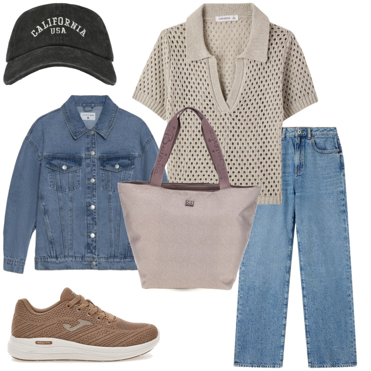 Outfit donna - Casual per il weekend in montagna. Stile Casual per Tutti i giorni. Abbinamento con polo, jeans dritti, cappelli con visiera, cappotti, scarpe sportive, shopping bag.