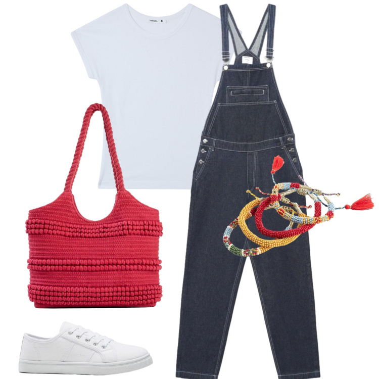Outfit donna - Casual style. Stile Casual per Tutti i giorni. Abbinamento con shopping bag, braccialetti, sneakers, t-shirt, salopette.