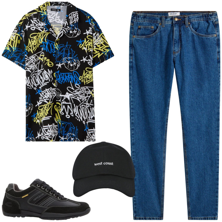 Outfit uomo - Total look #2448066. Stile Trendy per Tutti i giorni. Abbinamento con jeans dritti, sneakers, camicie a manica corta, cappelli con visiera.