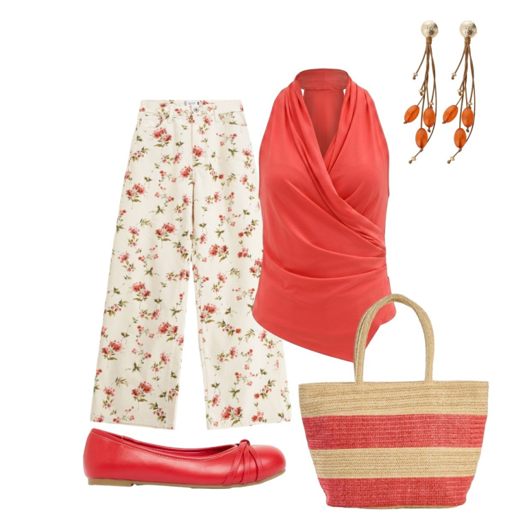 Outfit donna - In città. Stile Glamour per Tutti i giorni. Abbinamento con shopping bag, ballerine, pantaloni a palazzo, orecchini, top.