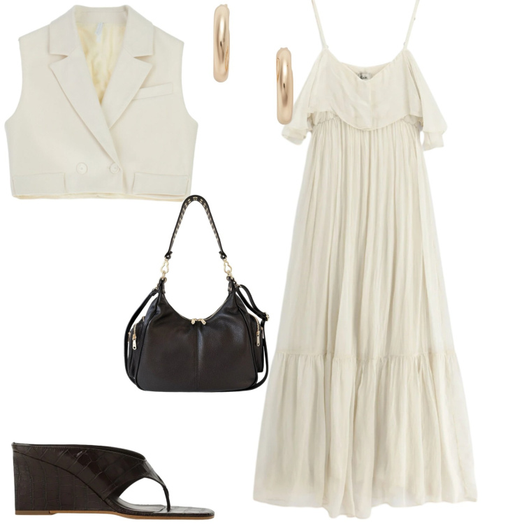 Outfit donna - Boho chic serata evento. Stile Boho per Serata fuori. Abbinamento con sandali col tacco, vestiti lunghi, gilet, orecchini, borse a spalla.
