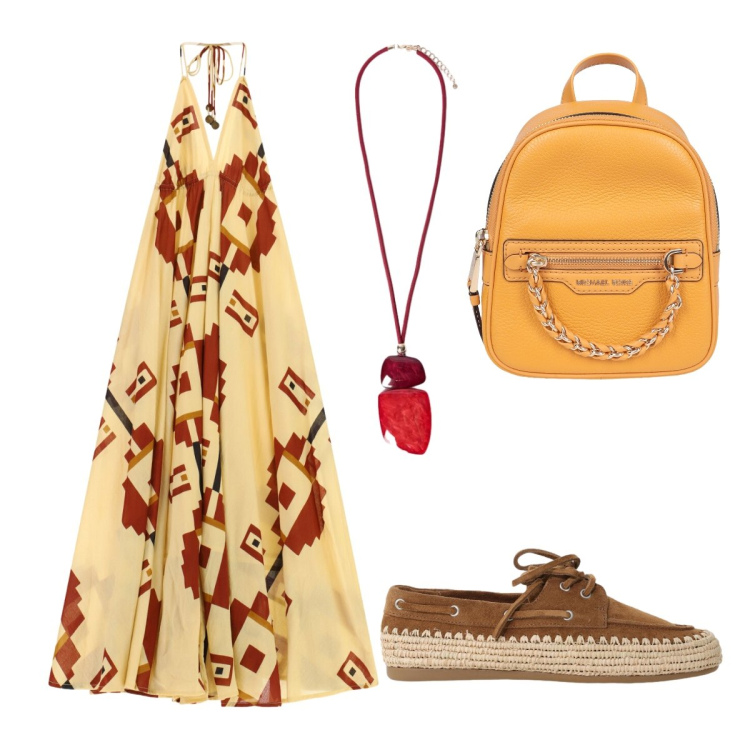 Outfit donna - Sunset gold. Stile Etnico per Serata fuori. Abbinamento con zaini, scarpe stringate, vestiti lunghi, ciondoli.