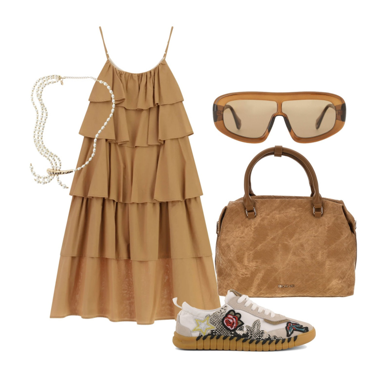 Outfit donna - Agosto. Stile Trendy per Tutti i giorni. Abbinamento con vestiti lunghi, collane, occhiali da sole, sneakers, borse a tracolla.