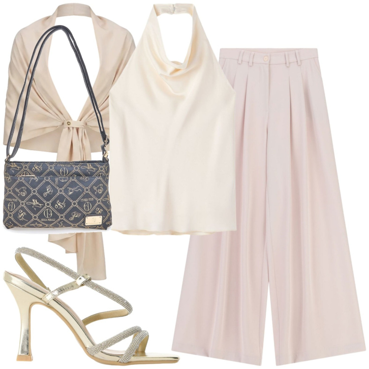 Outfit donna - Cerimonia al caldo. Stile Casual chic per Cerimonia. Abbinamento con sandali col tacco, pantaloni a palazzo, stole, canottiere, borse a tracolla.