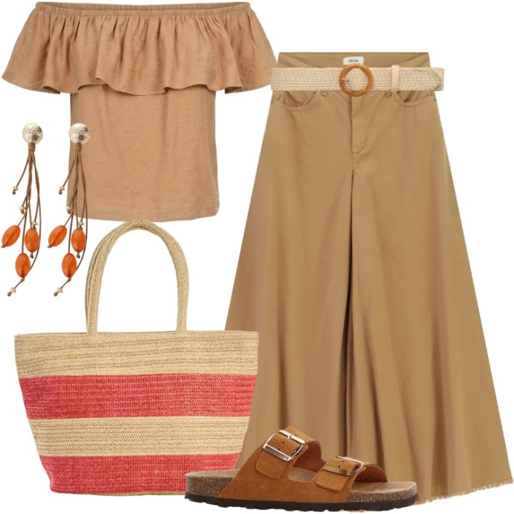 Outfit donna - Passeggiata al mercato. Stile Minimal per Tutti i giorni. Abbinamento con shopping bag, ciabatte, cinture, gonne lunghe, orecchini, top.