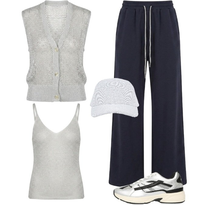 Outfit donna - Athleisure. Stile Sporty chic per Tutti i giorni. Abbinamento con sneakers, cappelli con visiera, maglieria, pantaloni a palazzo, top.