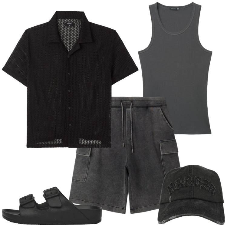 Outfit uomo - Cool estate. Stile Casual per Tutti i giorni. Abbinamento con bermuda, cappelli con visiera, camicie a manica corta, sandali, canottiere.