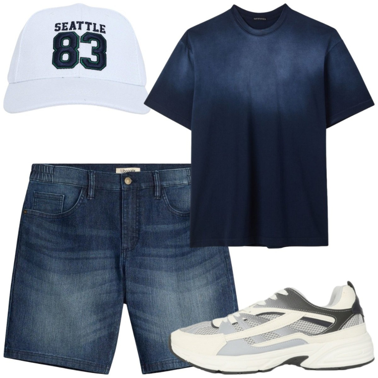 Outfit uomo - Blu oltremare. Stile Casual per Tutti i giorni. Abbinamento con shorts, sneakers, t-shirt, cappelli con visiera.