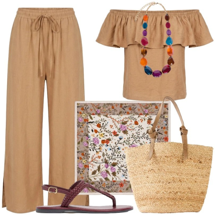 Outfit donna - Giornate estive. Stile Casual per Tutti i giorni. Abbinamento con shopping bag, ciabatte, foulard, collane, pantaloni, top.