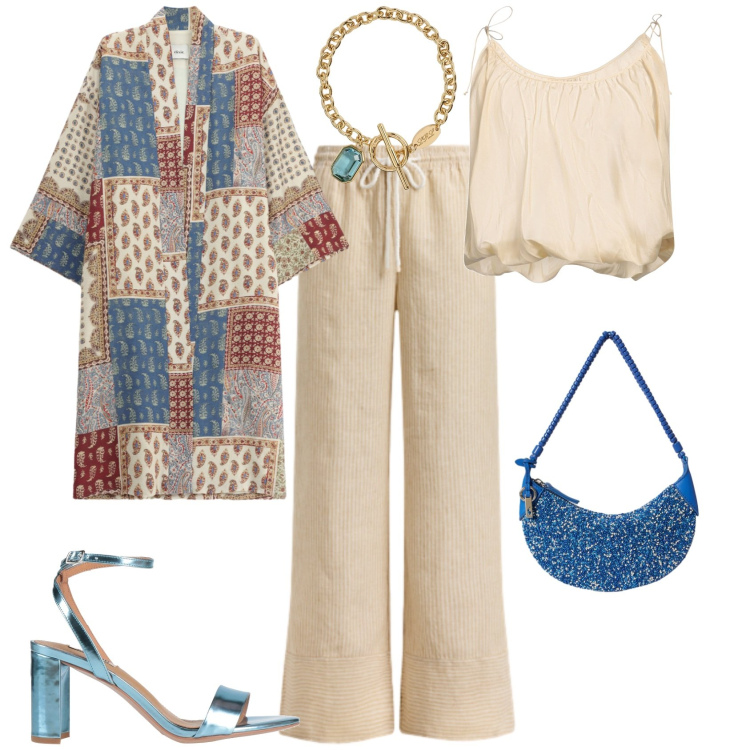 Outfit donna - Casual chic al mare in città. Stile Casual chic per Serata fuori. Abbinamento con top, sandali in pelle, kimono, pantaloni, braccialetti, borse a spalla.