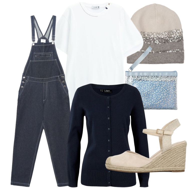 Outfit donna - Stile effortless. Stile Trendy per Tutti i giorni. Abbinamento con cardigans, pochette, zeppe, salopette, t-shirt, cappelli.